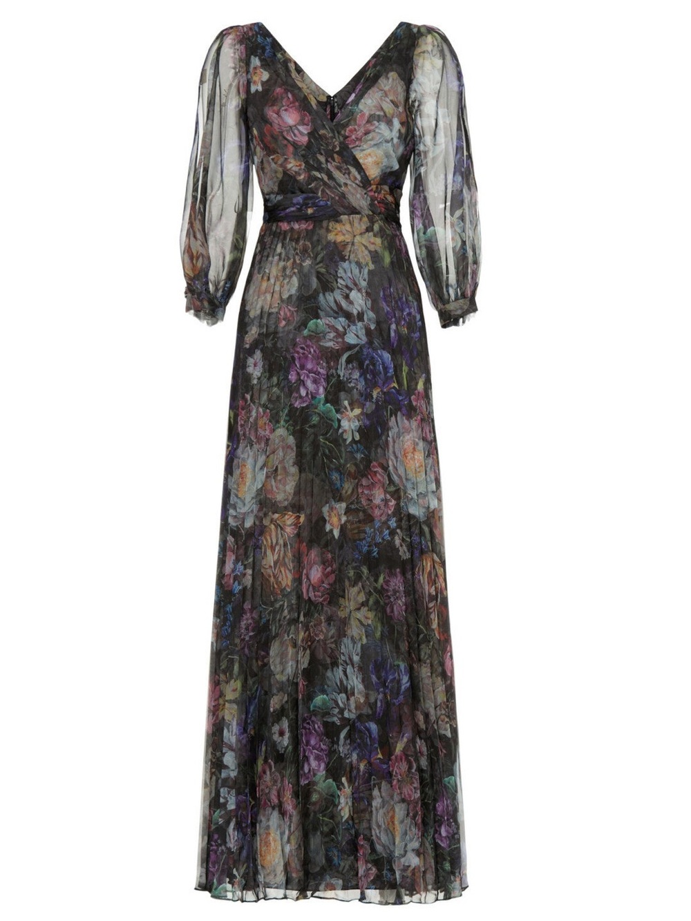 Marchesa Black Floral Sheer Sleeve V-Neck Maxi Dress